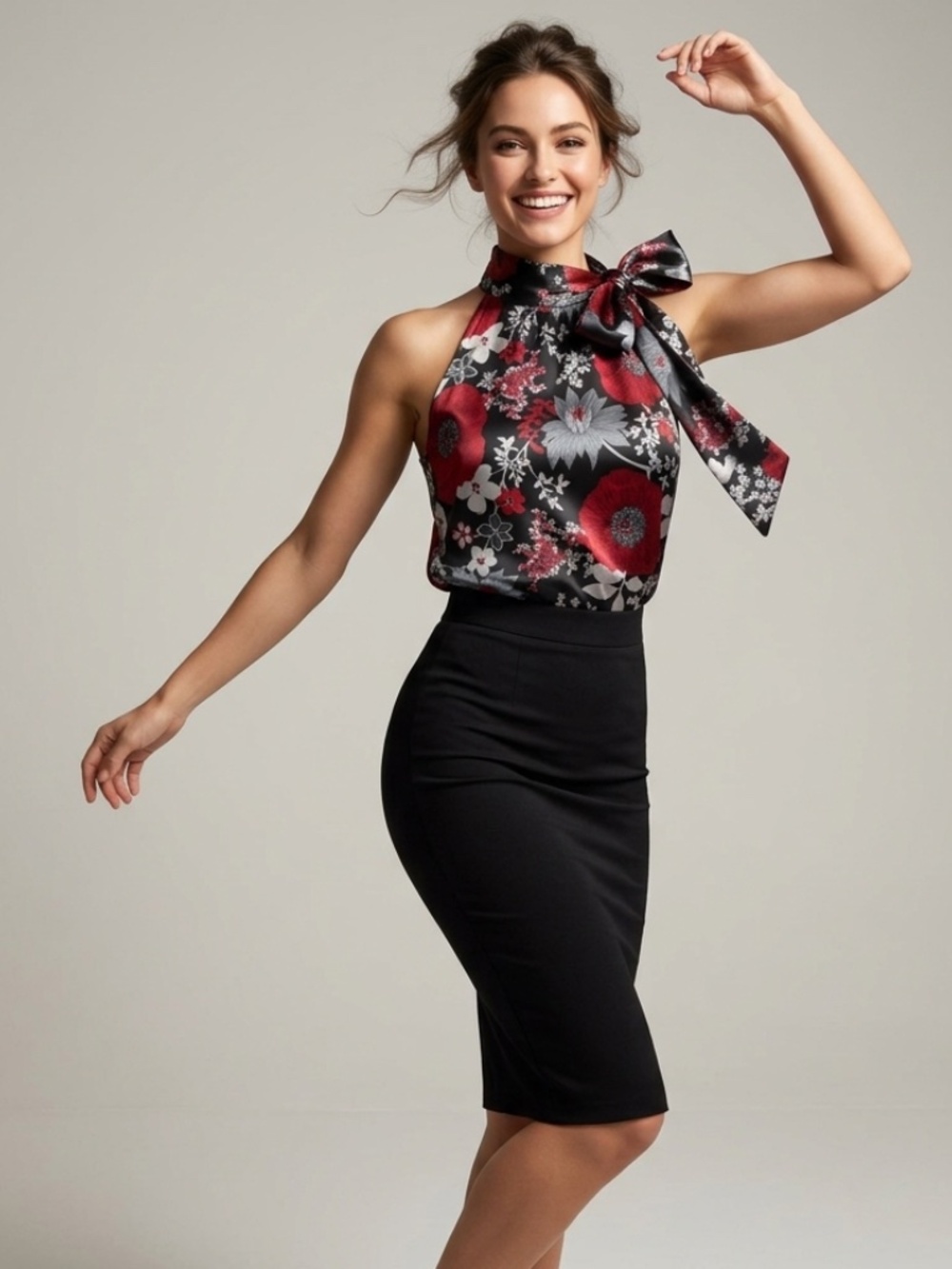 Fred David stretch floral tie neck sleeveless blouse